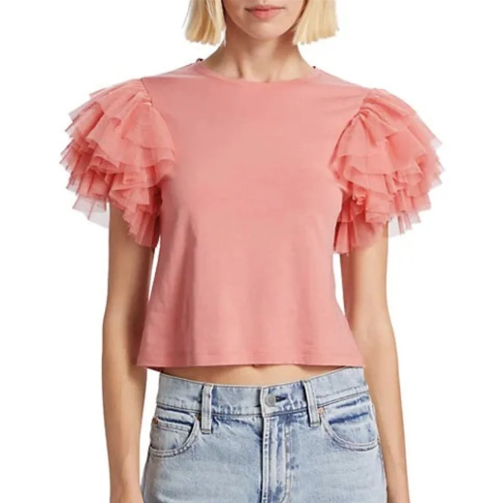Baby Pink Tulle-Sleeve Crewneck T-Shirt - Picture 1 of 5